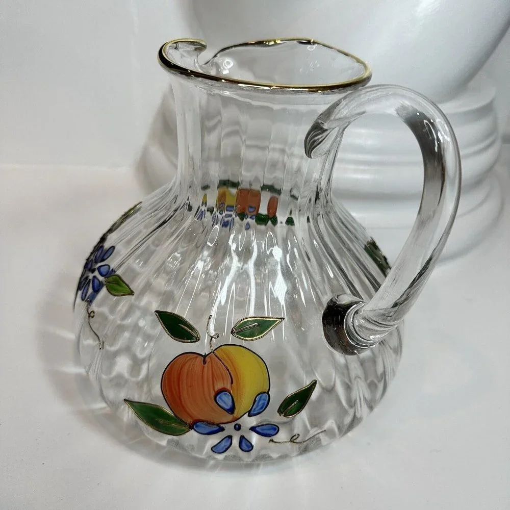 Crystal Clear Pitcher 8‎ Inch Ribbed Venetian Fruit 22K Gold Trim Romania 96 oz